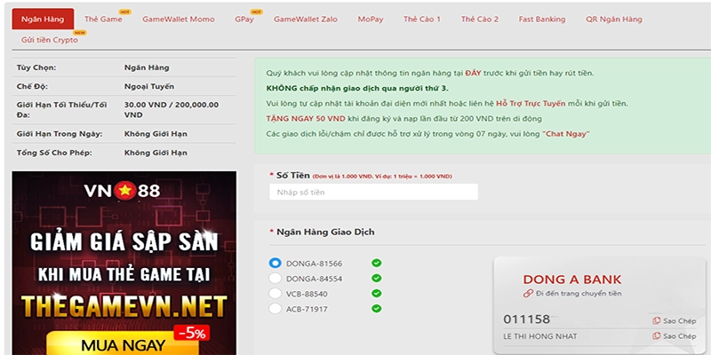 Nạp tiền VN88 nhanh chóng thông qua ngân hàng